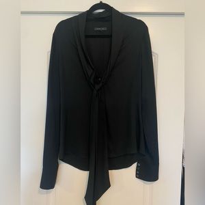 Black silk tie neck blouse